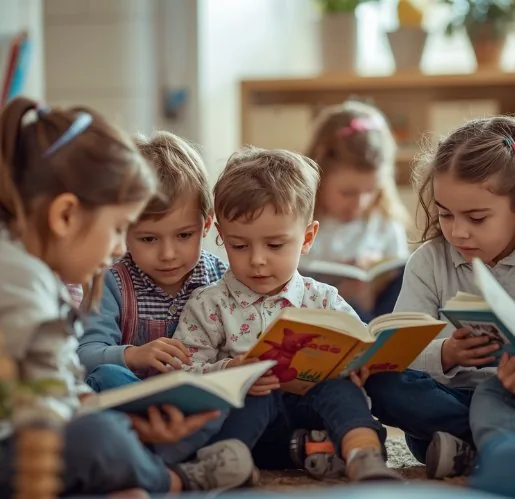 the reading club, children with books on the floor