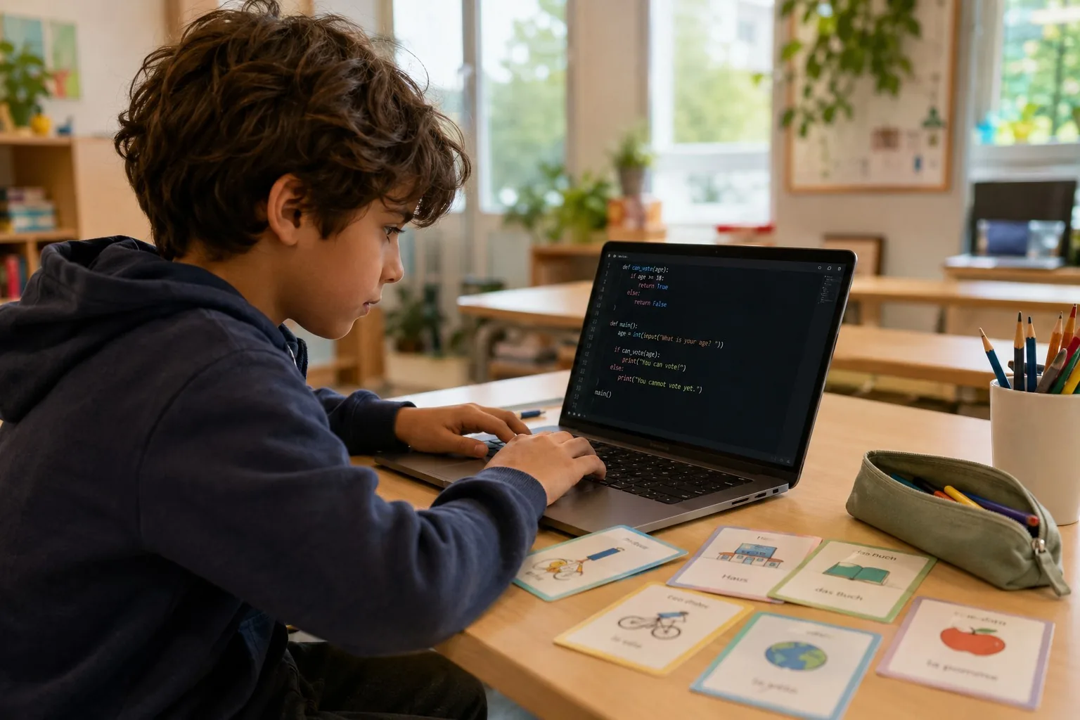 A child coding in Python next to language flashcards