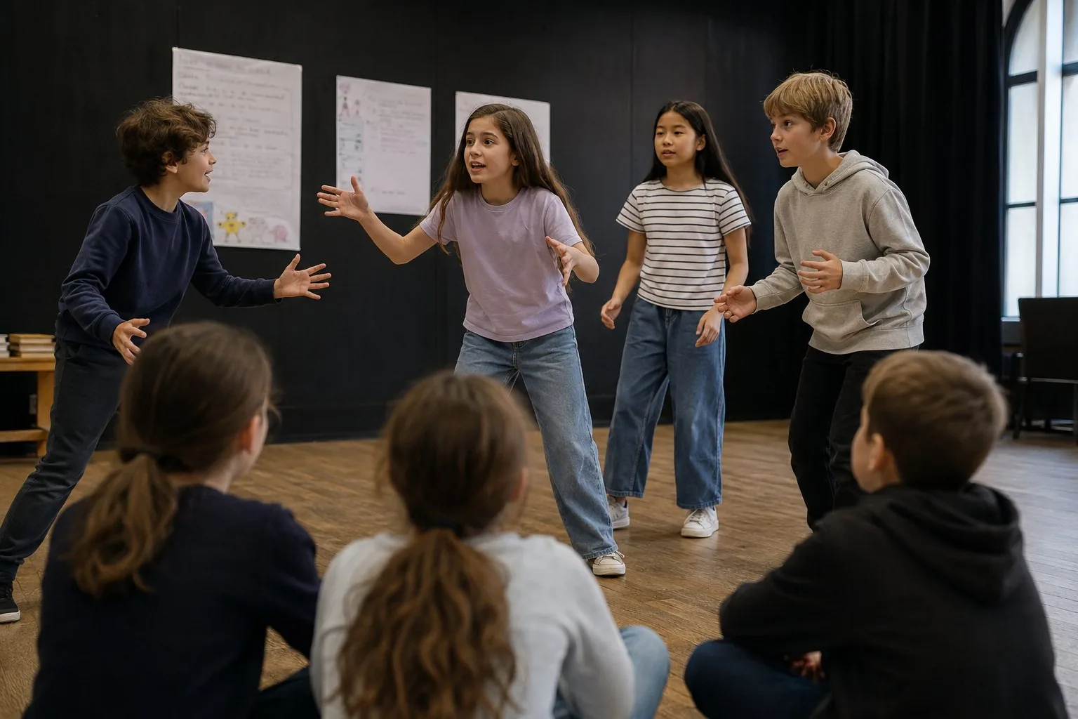 Photo. Children rehearsing a musical theatre scene