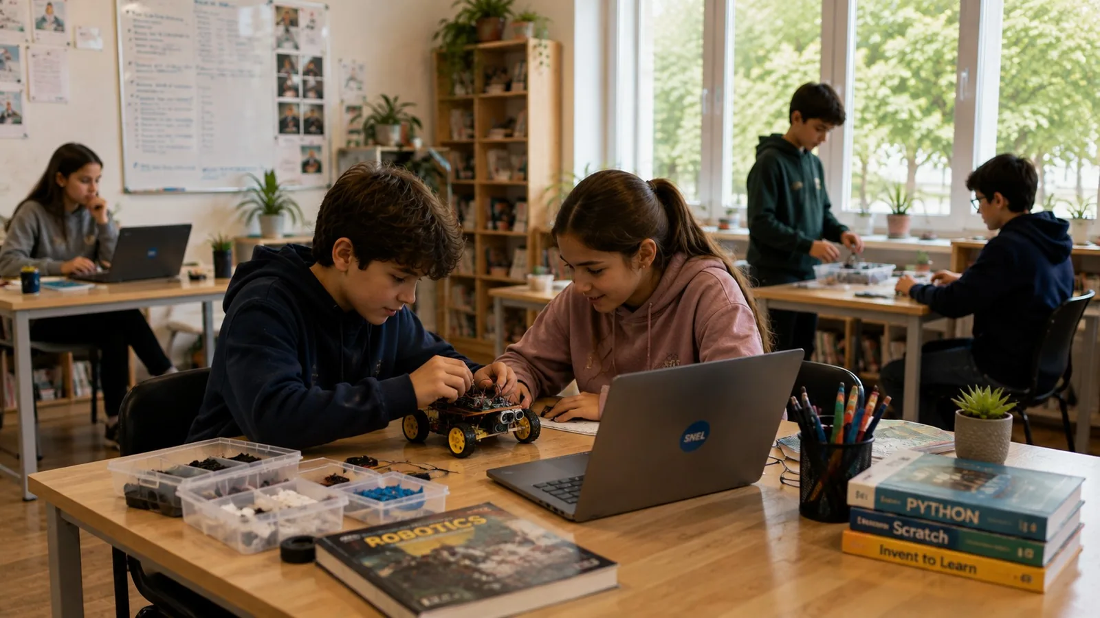 A child building a model on a laptop, working a science question through