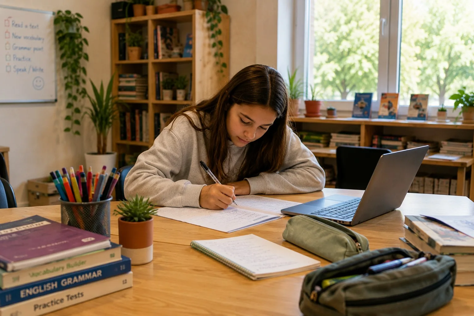 A child concentrating on their own work